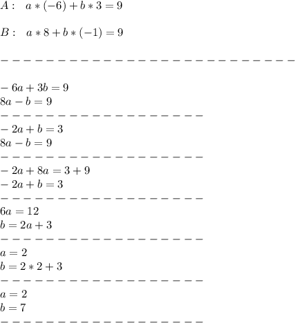 A:\ \ a*(-6)+b*3=9\\\\
B:\ \ a*8+b*(-1)=9\\\\
--------------------------\\\\
-6a+3b=9\\
8a-b=9\\
------------------\\
-2a+b=3\\
8a-b=9\\
------------------\\
-2a+8a=3+9\\
-2a+b=3\\
------------------\\
6a=12\\
b=2a+3\\
------------------\\
a=2\\
b=2*2+3\\
------------------\\
a=2\\
b=7\\
------------------\\