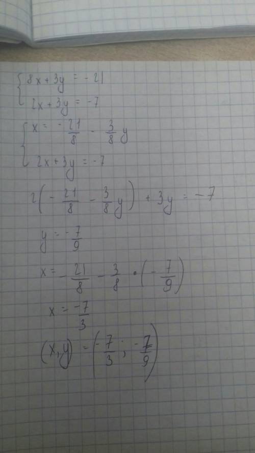 Решите систему уравнения 8x+3y=-21 2x+3y=-7 3x-2y=5 4x-6y=-18 x-y=4 5x+4y=1