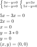 \left \{ {{3x-y=0} \atop {5x-y=0}} \right. \left \{ {{y=3x} \atop {5x-y=0}} \right.\\
\\5x-3x=0
\\2x=0
\\x=0
\\y=3*0
\\y=0
\\(x,y)=(0,0)
