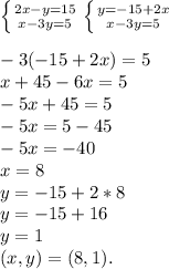 \left \{ {{2x-y=15} \atop {x-3y=5}} \right. \left \{ {{y=-15+2x} \atop {x-3y=5}} \right.\\
\\-3(-15+2x)=5 
\\x+45-6x=5
\\-5x+45=5
\\-5x=5-45
\\-5x=-40
\\x=8
\\y=-15+2*8
\\y=-15+16
\\y=1
\\(x,y)=(8,1).
