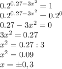 0.2^{0.27-3x^2}=1\\
0.2^{0.27-3x^2}=0.2^0\\
0.27-3x^2=0\\
3x^2=0.27\\
x^2=0.27:3\\
x^2=0.09\\
x=б0,3