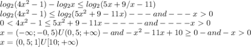 log_2(4x^2-1)-log_2x \leq log_2(5x+ 9/x -11) \\ log_2(4x^2-1) \leq log_2(5x^2+ 9 -11x) ---and---x\ \textgreater \ 0 \\ 0\ \textless \ 4x^2-1 \leq 5x^2+ 9 -11x -----and----x\ \textgreater \ 0 \\ 
x=(-\infty;-0,5)U(0,5;+\infty)-and-x^2-11x+10 \geq 0-and-x\ \textgreater \ 0 \\ 
x=(0,5;1]U[10;+\infty)