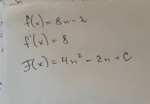Найдите производную и первообразную для функции f(x) если f(x)=8n-2
