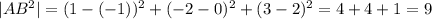 |AB^{2} |=( 1} -(-1))^{2}+(-2-0)^{2}+(3-2)^{2}=4+4+1=9
