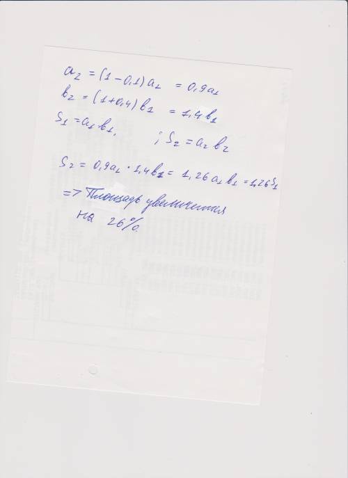 Решение по если короткую сторону прямоугольника укратить на 10% ,а длинную сторону удлинить на 40% ,