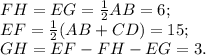 FH=EG=\frac{1}{2}AB=6;\\
EF=\frac{1}{2}(AB+CD)=15;\\
GH=EF-FH-EG=3.