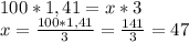 100*1,41=x*3
\\x=\frac{100*1,41}{3}= \frac{141}{3} =47