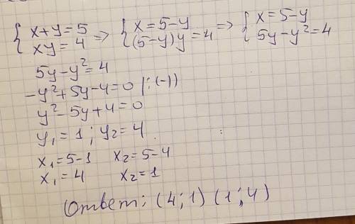 Решите систему уравнений: x+y=5 xy=4