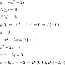 y=-x^2-2x
\medskip
\\
D(y)=\mathbb{R}
\medskip
\\E(y)=\mathbb{R}
\medskip
\\
y(0)=-0^2-2\cdot 0=0 \Rightarrow A(0;0)
\medskip
\\
y=0
\medskip
\\
-x^2-2x=0 \mid \cdot (-1)
\medskip
\\
x^2+2x=0
\medskip
\\
x(x+2)=0
\medskip
\\
x=0, x=-2 \Rightarrow B_1(0;0),B_2(-2;0)
