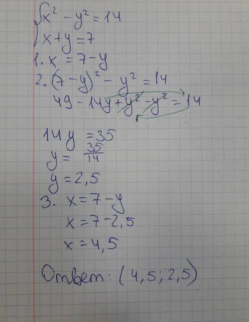 Решите систему уравнений x^2-y^2=14 x+y=7