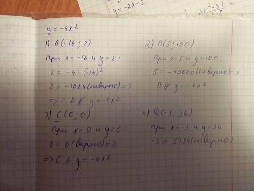 Определить, принадлежит ли графику функции y=-4x^2 точки a(-16; 2), в(5; 100), с(0; 0) d(-3; 36)
