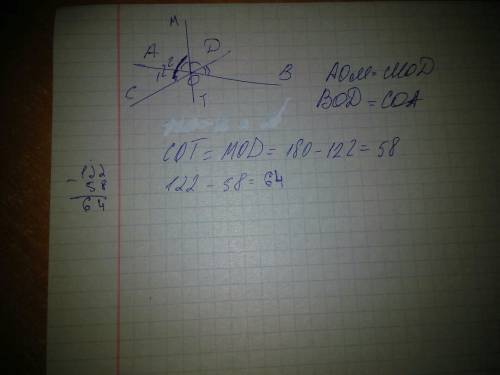 Прямые ав и cd пересекаються в точке о. ом- биссектриса угла aod. найдите угол bod если кгол мос=122