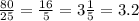 \frac{80}{25} = \frac{16}{5} = 3\frac{1}{5} = 3.2