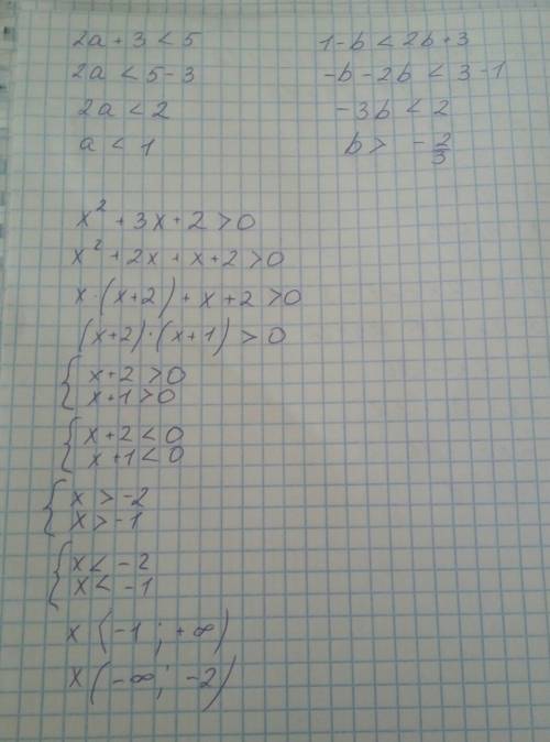 Решите, , эти номера: 1. решите неравенство а) 2а+3< 5 б) 1-b< 2b+3 2. решите неравенство x^2+