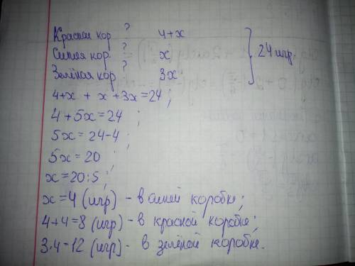 Вкрасной коробке на 4 игрушки больше чем в синей а в зеленой коробке игрушек в 3 раза больше чем в с