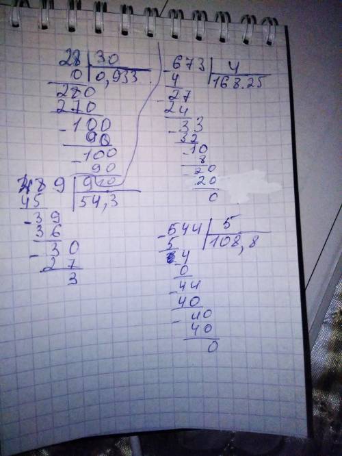 Решите в столбик примеры: 28: 30 673: 4 489: 9 544: 5 решите в столбик, !