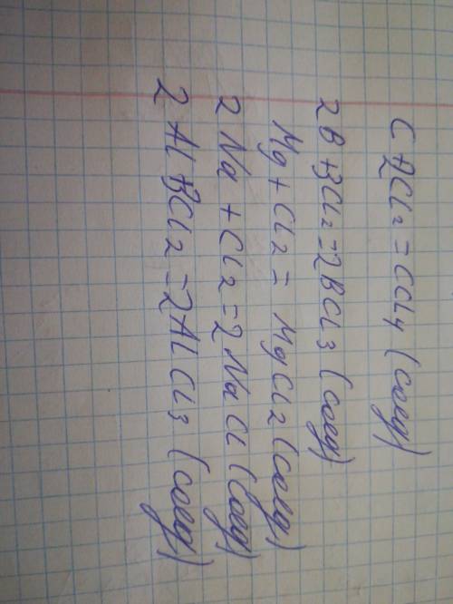 Составит реакции взаимодействия углерода, бора, магния, натрия, алюминия, с хлором
