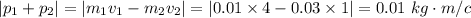 |p_1+p_2|=|m_1v_1-m_2v_2|=|0.01\times 4-0.03\times 1|=0.01~ kg\cdot m/c