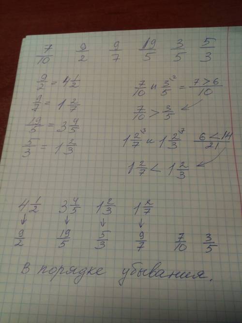 Запишите в порядке убывания 7/10,9/2,9/7,19/5,3/5,5/3