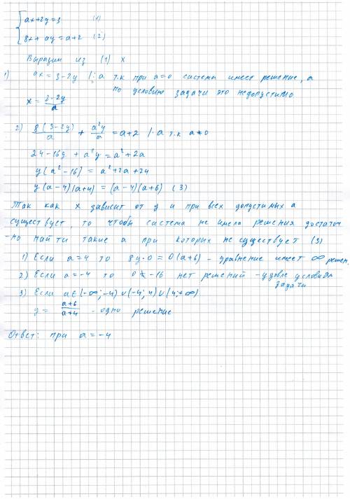 При каких значениях параметра а, система уравнений не имеет решений? ах+2у=3 8х+ау= а+2