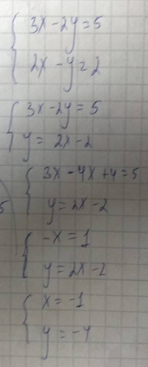 1.решите систему уравнкний методом подставки : 3x-2y=5 2x-y=22.решите систему уравненрй методом слож