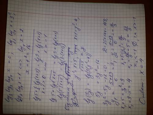Решите подробно[tex] log_{3} log_{2} log_{4}x = 0 \\ lg5 + \frac{1}{2} lg(x + 5) = lg3 + lg(x + 1)[/