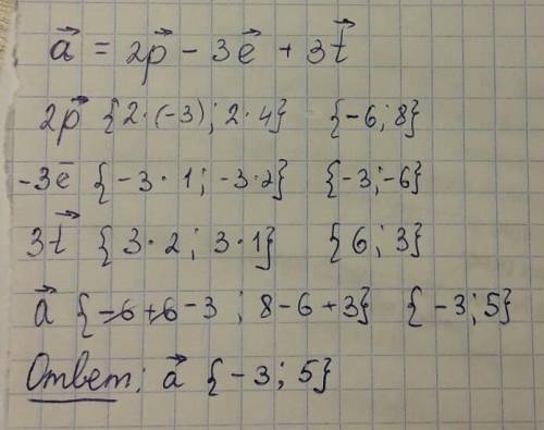 Даны вектор p (-3; 4) вектор e (1; 2) вектор t (2; 1) найдите координаты вектора a=2p-3e+3t