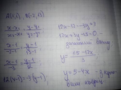Складіть рівняння прямої, яка проходить через точку а(1; 1) і в(-2; 13)