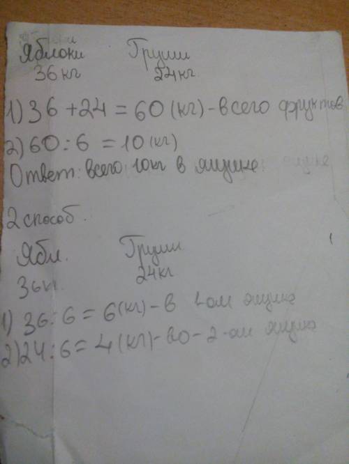 Вящике, каждый из которых вмещает по 6 кг фруктов, разложили 36 кг яблок и 24 кг груш. сколько всего
