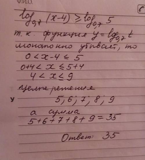 Знайти суму цілих розв’язків нерівності log0.7&nbsp; (x-4)≥log0.75 . якщо нерівність має безліч ціли