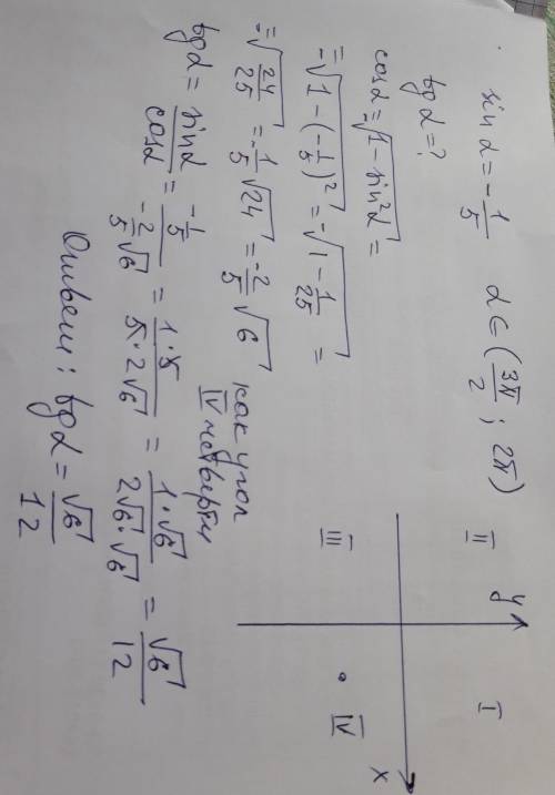 Найдите tgα, если sinα=-1/√5,&nbsp; &nbsp; α∈(3π/2; 2π ). ответ запишите в виде десятичной дроби​