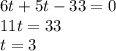 6t + 5t - 33 = 0 \\ 11t = 33 \\ t = 3