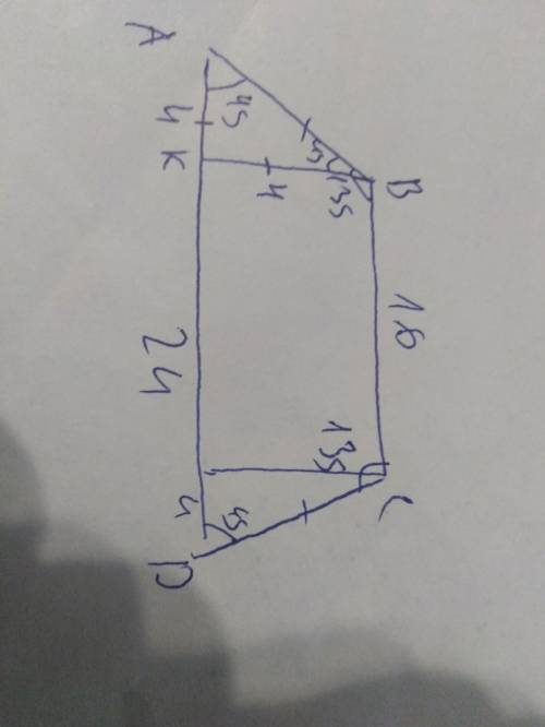 Вравнобедренной трапеции abcd основания ad=24 см, bc=16 см,угол c= 135°. найдите высоту bk трапеции.