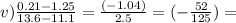 v) \frac{0.21 - 1.25}{13.6 - 11.1} = \frac{( - 1.04)}{2.5} = ( - \frac{52}{125} ) =
