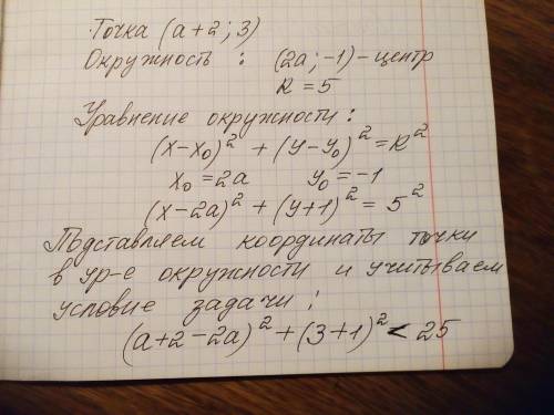 При каких значениях параметра a точка (a+2; 3) лежит внутри круга радиуса 5 с центром в точке (2а; -