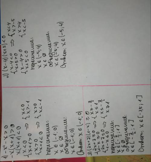 Неравенство 1) -x²-x>0 2) (x-4) (x+5)<0 3) (2x+7) (1-x)=>0 Есди не сложно можно на листочк