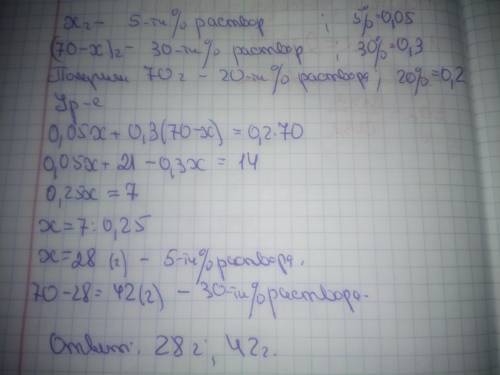 Сколько надо смешать 5%-го и 30%-го растворов соляной кислоты, чтобы получить 70граммов 20%-го раств