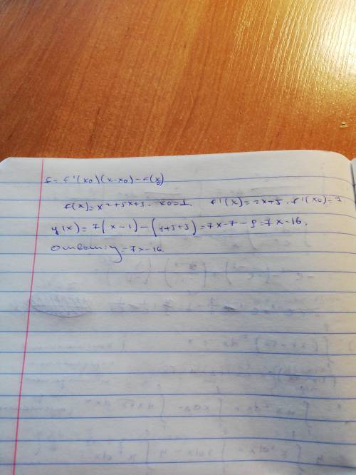 Напиши уравнение касательной к графику функции f(x)=x2+5x+3 в точке с абсциссой x0=1