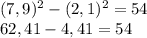 (7,9)^{2}- (2,1)^{2} =54\\62,41-4,41=54