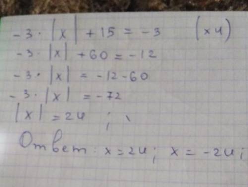 Решите уравнение: −3/4⋅|x|+15=−3 (-3/4 это дробь )