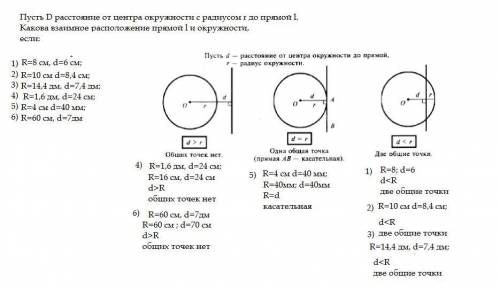 Пусть D расстояние от центра окружности с радиусом r до прямой l. Какова взаимное расположение прямо