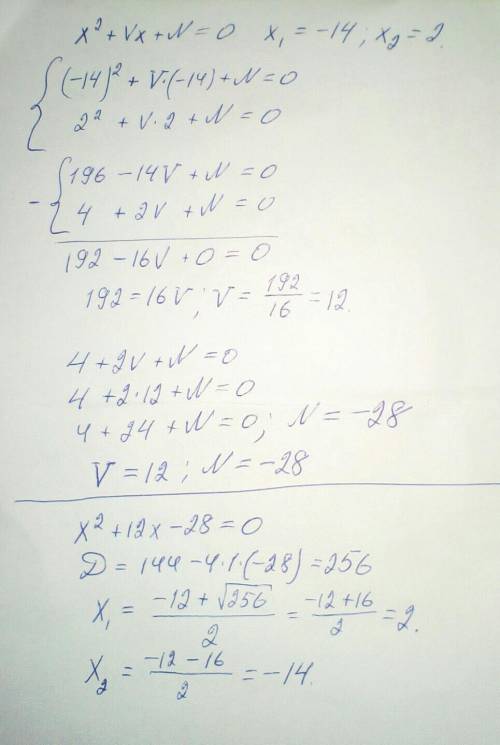 Корнями квадратного уравнения x2+Vx+N=0 являются −14 и 2. Чему равны коэффициенты V и N? (Первым впи