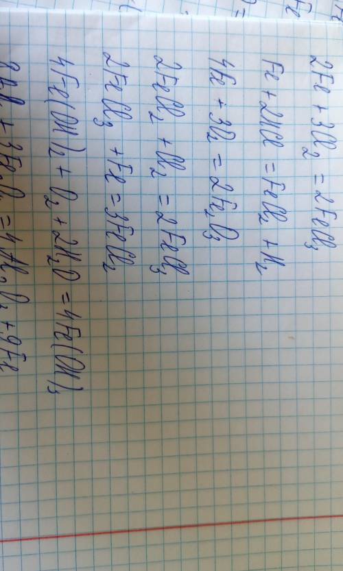 2.Запишите уравнения реакций:Fe+ Cl2=Fe+ HCl=Fe+ O2=FeCl2+Cl2=FeCl3+Fe=Fe(OH)2+ O2+H2O=Al+Fe3O4=Al+K