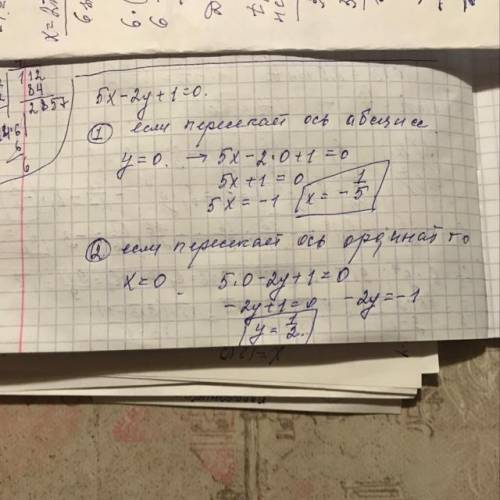 График уравнение 5x-2y+1=0 пересекает абсцисс в точке с координатами ,а ось ординат в точке