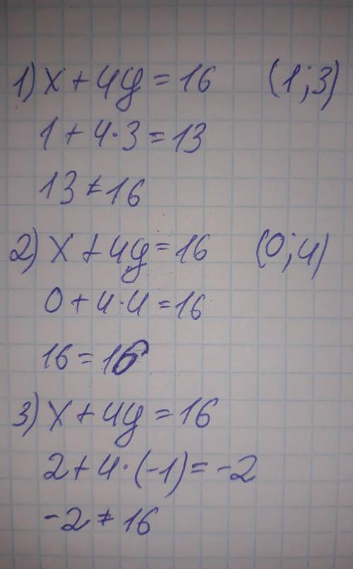 Какие из точек (1;3), (0;4), (2;-1) принадлежат графику уравнения х + 4у = 16?
