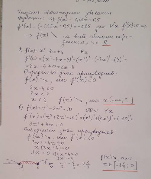 Знайти проміжки спадання функції: а) f(x)= -1,25x +0,5 б) f(x)= x^2-4x+4 в) f(x)= x^3+2x^2-10