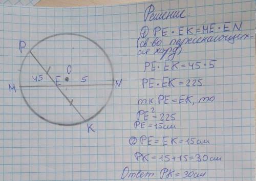 Хорды MN и PK пересекаются в точке E так, что ME=45см, NE=5см, PE=KE. Найдите PK​