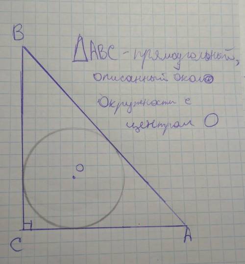 Нарисуйте окружность. Постройте прямоугольный треугольник, описанный около этой окружности.