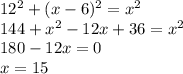12^{2}+(x-6)^{2} = x^{2} \\144+x^{2} -12x+36 = x^{2}\\180-12x = 0\\x = 15