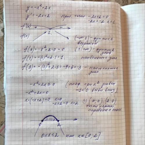 Постройте график функции y= -x^2 +2x. Найдите: а)наименьшее и наибольшее значения функции на отрезке